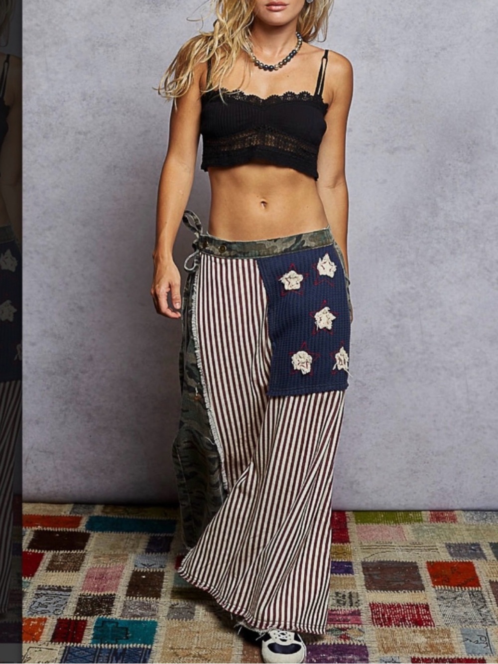 POL Patchwork Wide-Leg Flare Pants in Navy, Cream & Olive